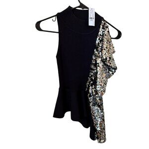 NY&Co Asymmetrical Sequin Ruffle Knit Top Black Silver XS
